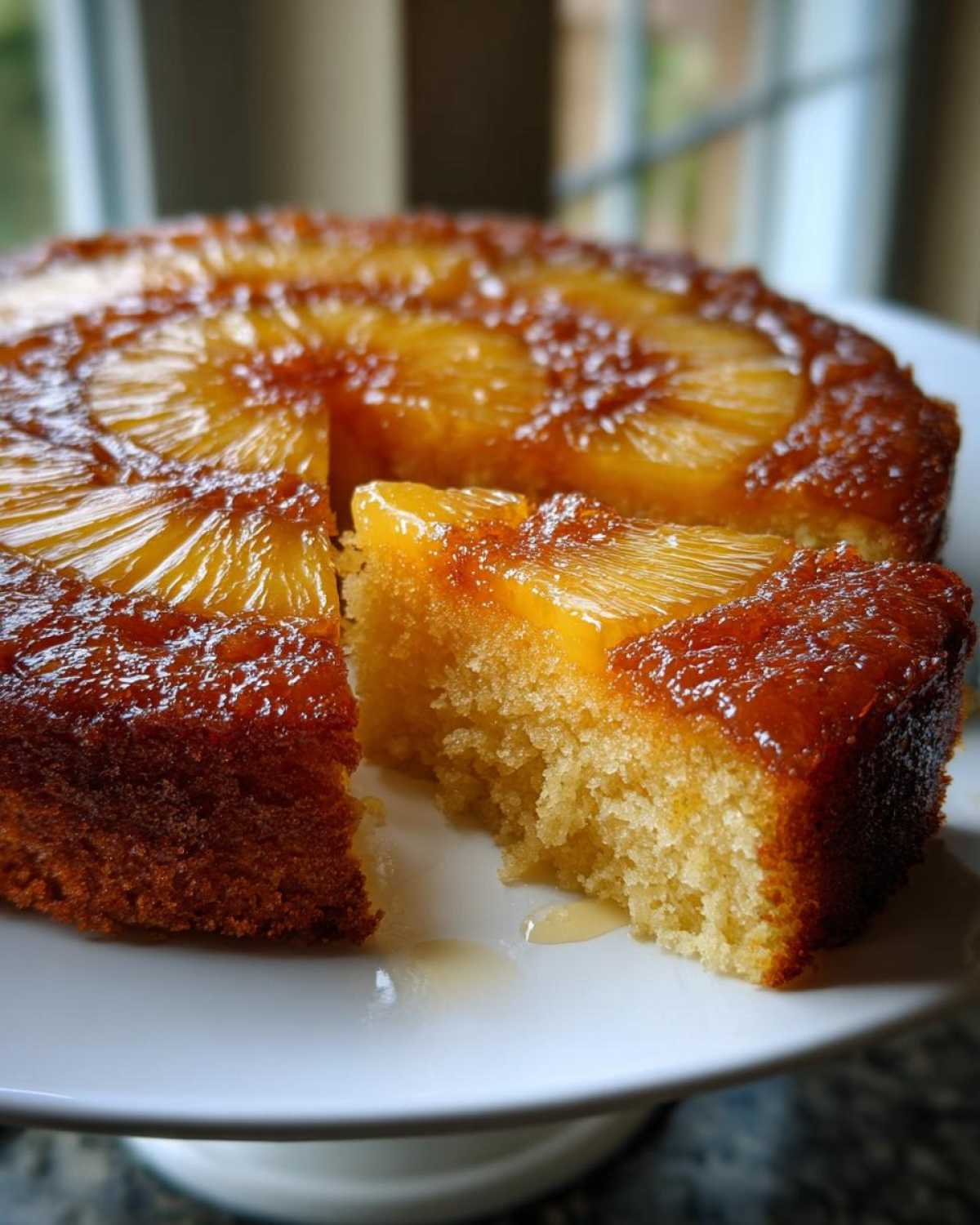 A slice cut from a moist pineapple upside down cake, showing caramelized topping and fluffy texture.