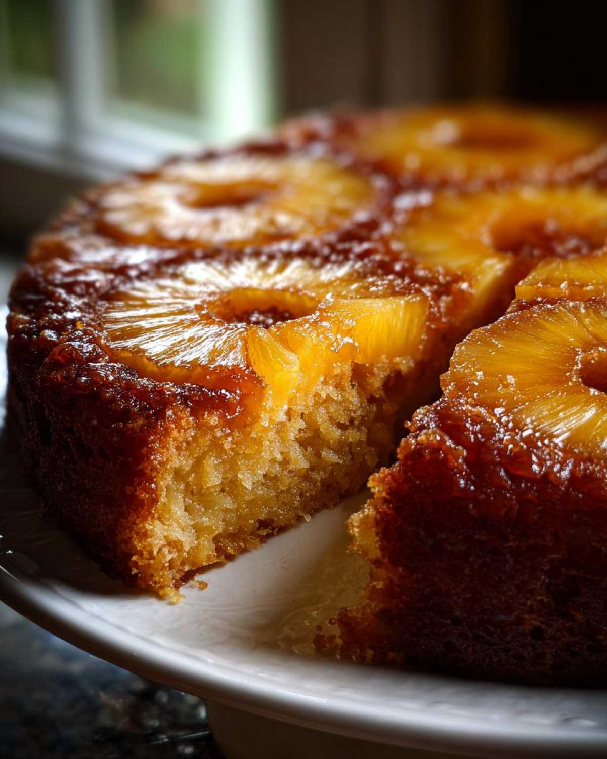 A close-up of a moist pineapple upside down cake with a slice removed, showing the caramelized topping.