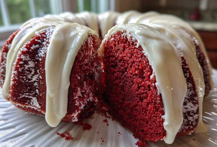 Close-up of a moist red velvet bundt cake with thick white glaze dripping down the sides.