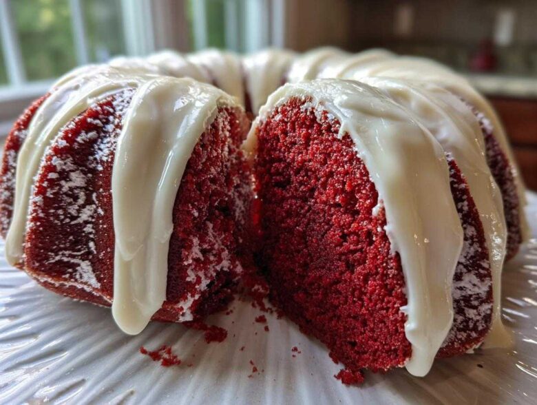 Close-up of a moist red velvet bundt cake with thick white glaze dripping down the sides.