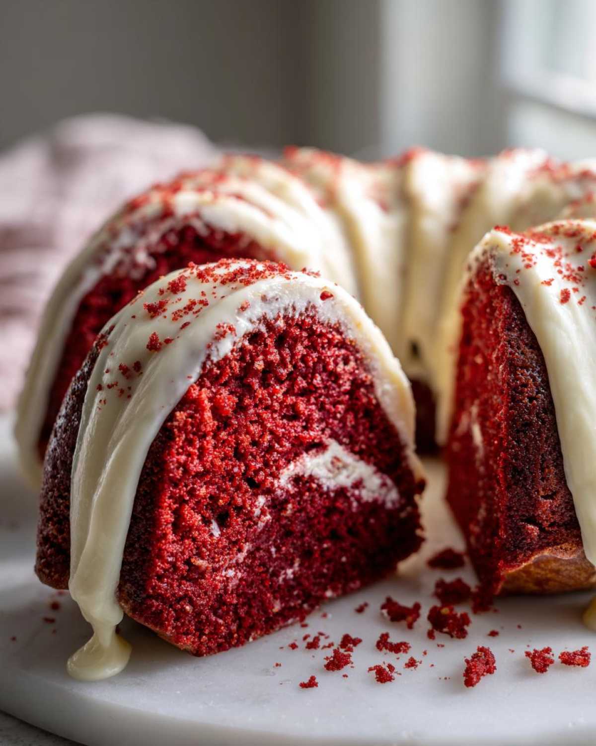 Close-up of a slice cut from a moist red velvet bundt cake, drizzled with white cream cheese frosting and red crumbs.