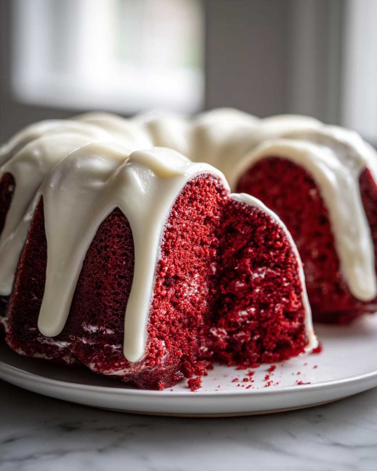 A slice cut from a vibrant red velvet bundt cake topped with thick white cream cheese glaze.