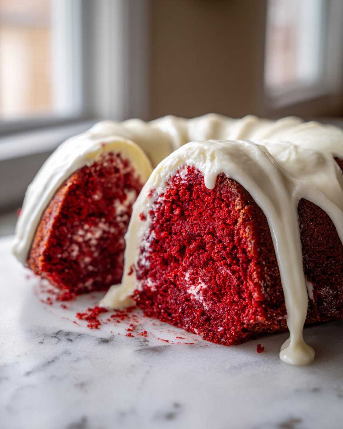Close-up of a moist red velvet bundt cake with a thick cream cheese glaze dripping down the sides.