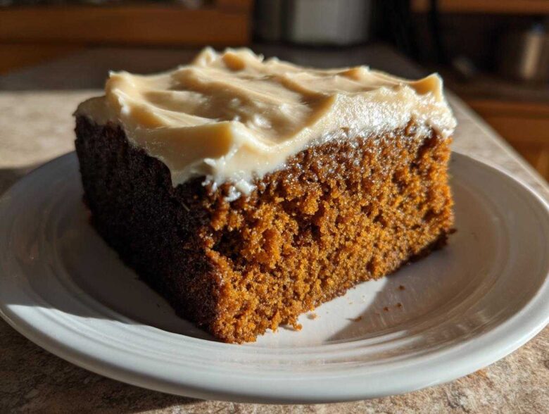 A close-up, sunlit slice of rich, dark gingerbread cake topped with thick, creamy frosting on a white plate.