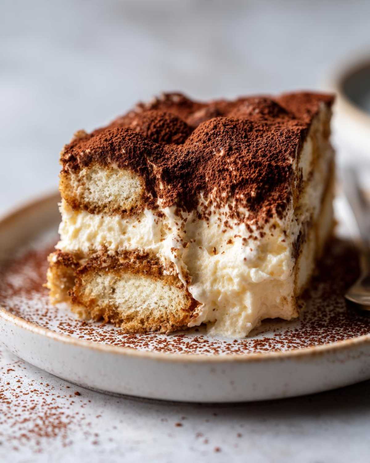 A decadent slice of no bake tiramisu cheesecake layered with cream and dusted heavily with cocoa powder.