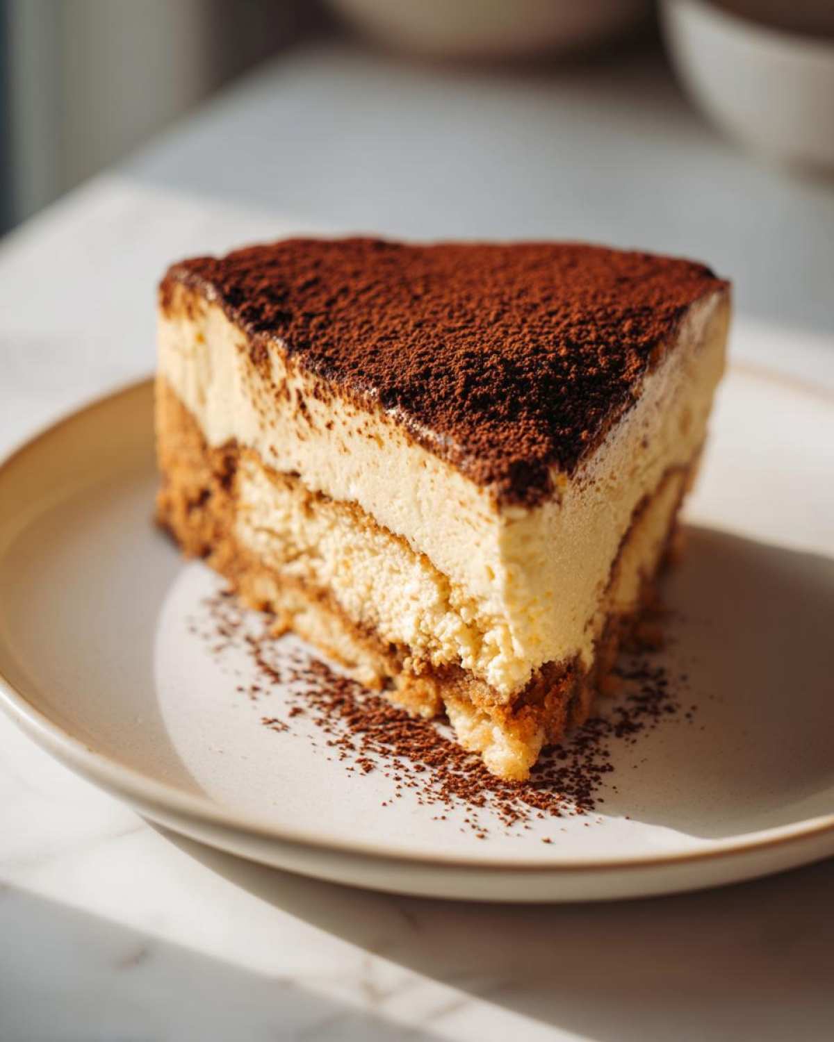 A perfect slice of no bake tiramisu cheesecake layered with cream and coffee-soaked base, dusted heavily with cocoa powder.