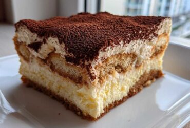 A perfect slice of no bake tiramisu cheesecake showing layers of cream, ladyfingers, and a cocoa powder topping.