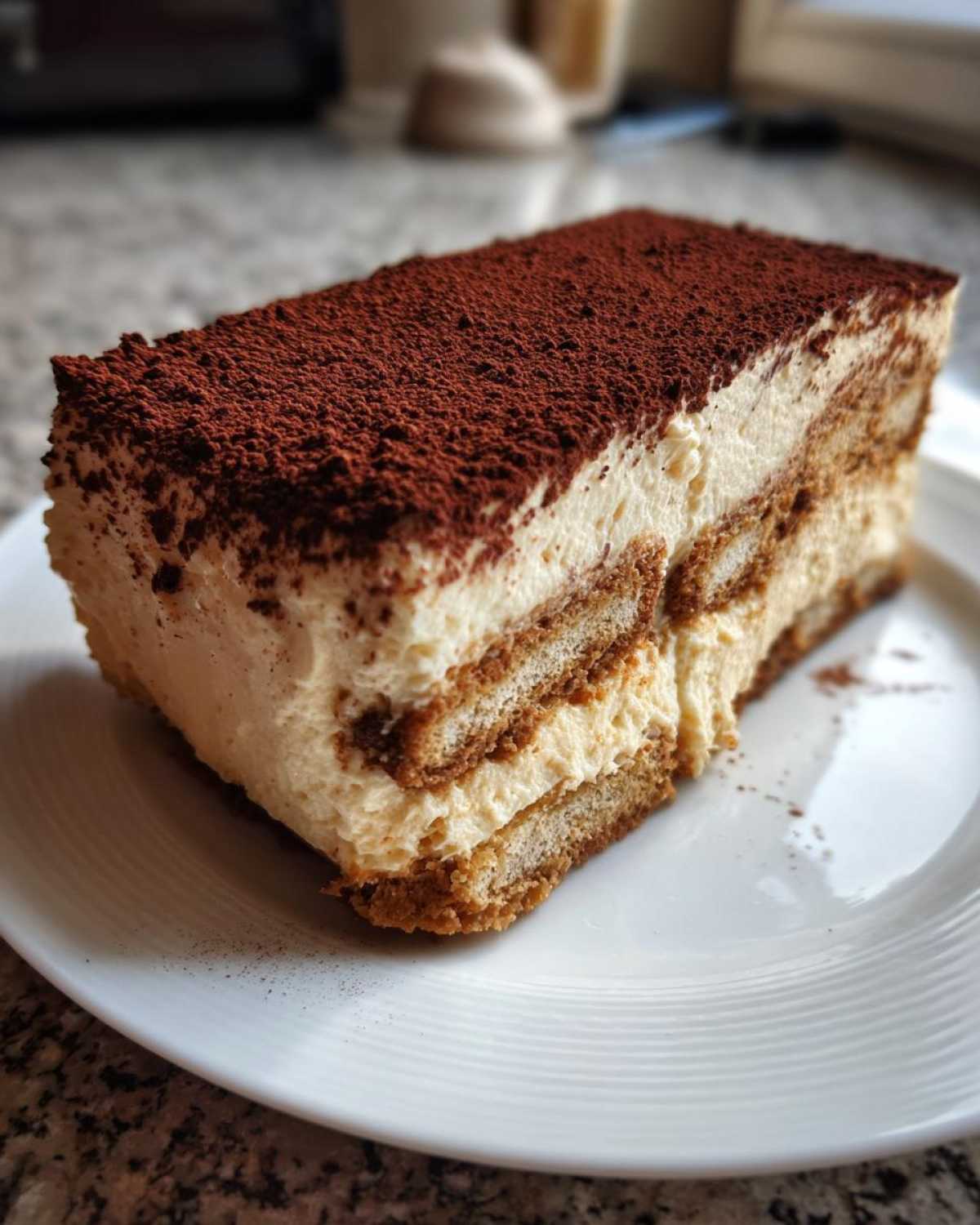 A rich slice of no bake tiramisu cheesecake layered with ladyfingers and cream, dusted heavily with cocoa powder.