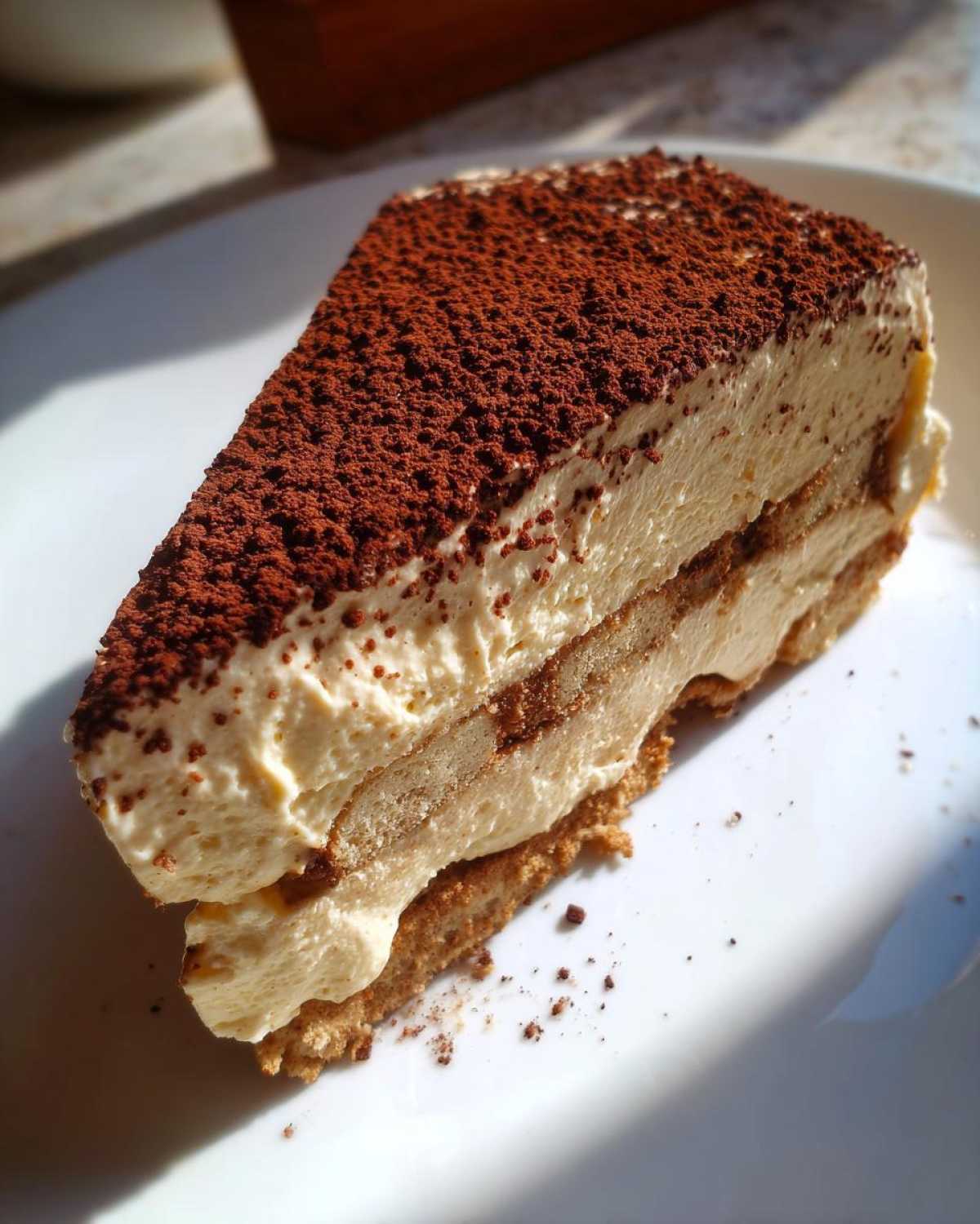 A perfect slice of creamy no bake tiramisu cheesecake dusted heavily with cocoa powder on a white plate.