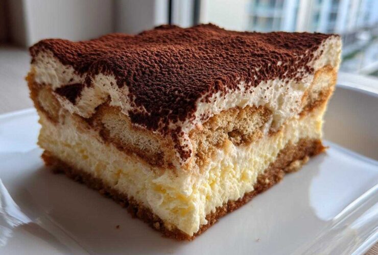 A perfect slice of no bake tiramisu cheesecake showing layers of cream, ladyfingers, and a cocoa powder topping.