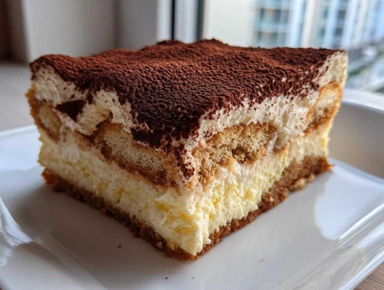 A perfect slice of no bake tiramisu cheesecake showing layers of cream, ladyfingers, and a cocoa powder topping.