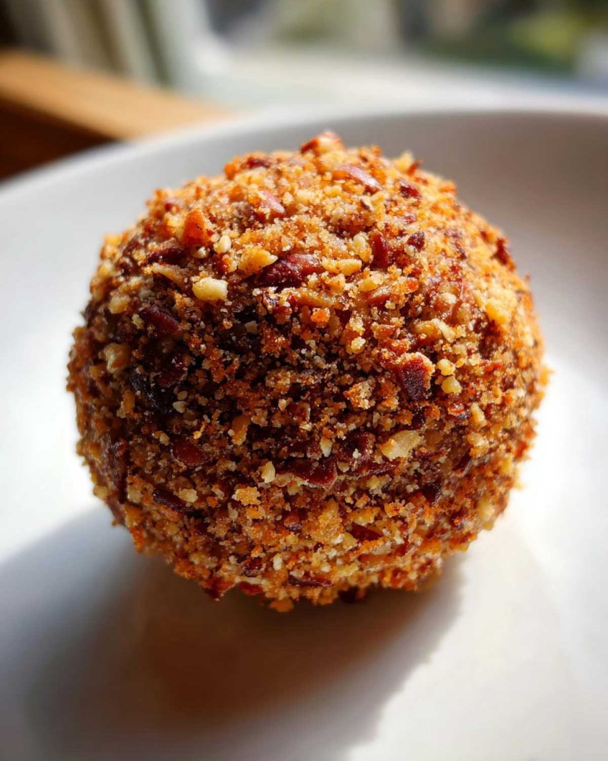 A single, perfectly formed cheese ball recipe coated entirely in finely chopped, toasted nuts, sitting on a white plate.