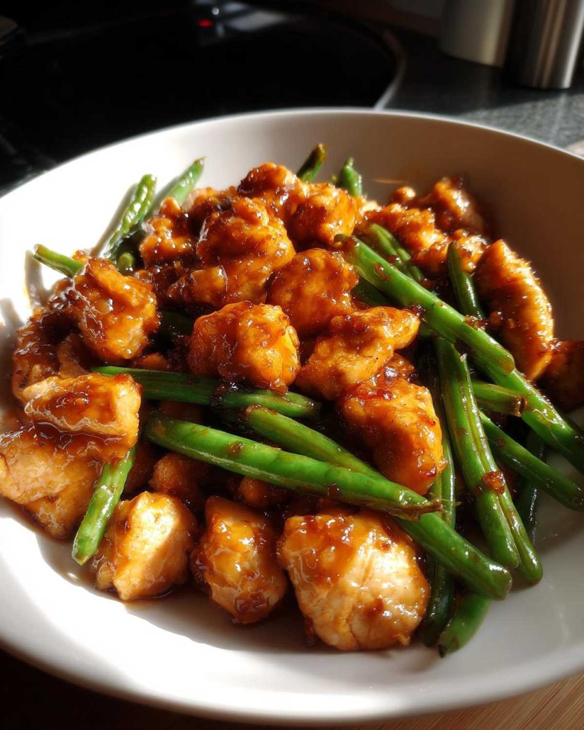 Close-up of glazed chicken pieces mixed with bright green beans, showcasing the delicious chicken and green beans dish.