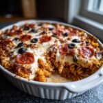 A close-up of a baked 1-pot pizza pasta casserole topped with melted mozzarella, pepperoni, and black olives.