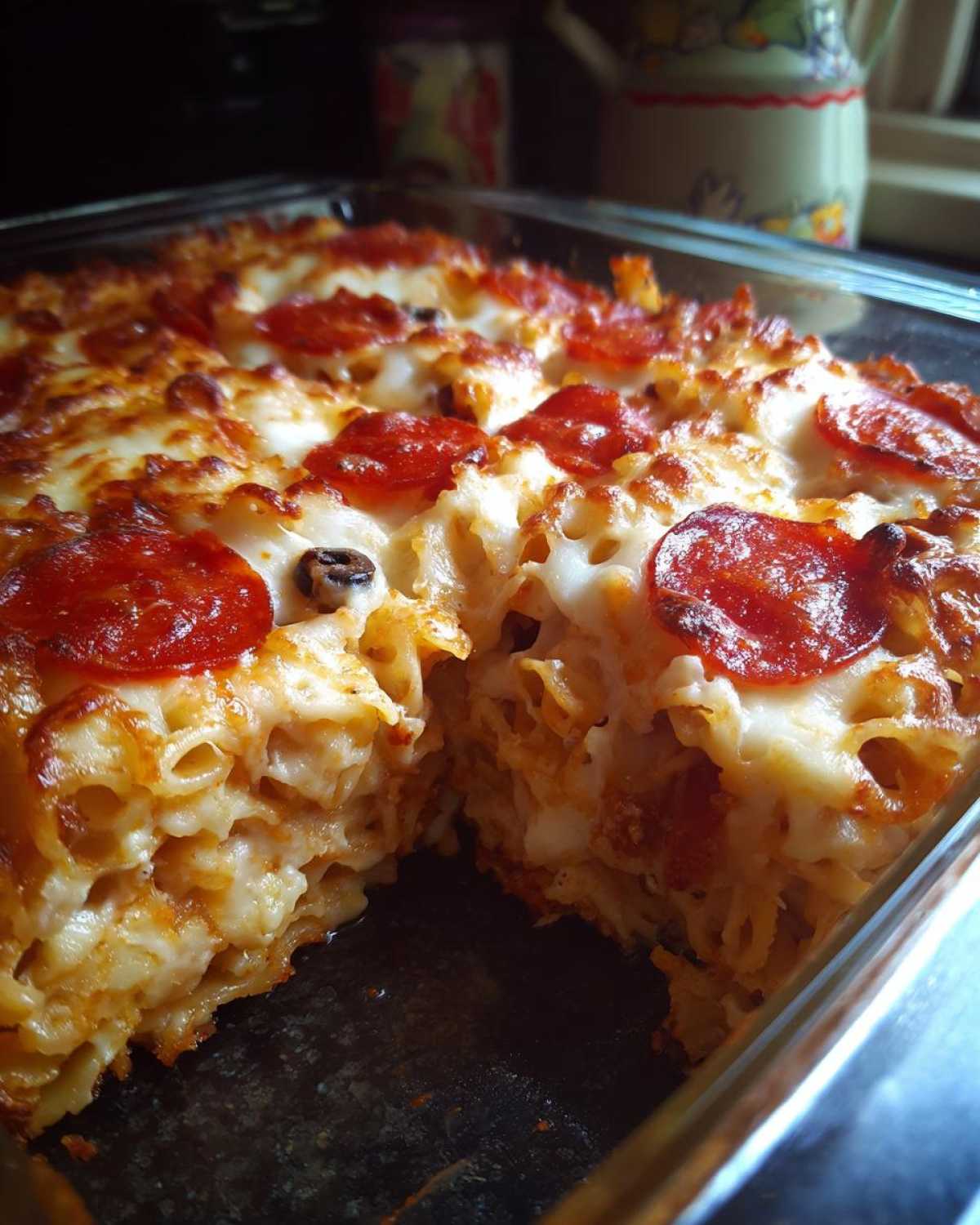 A close-up view of a baked pizza pasta casserole with melted cheese and pepperoni slices.