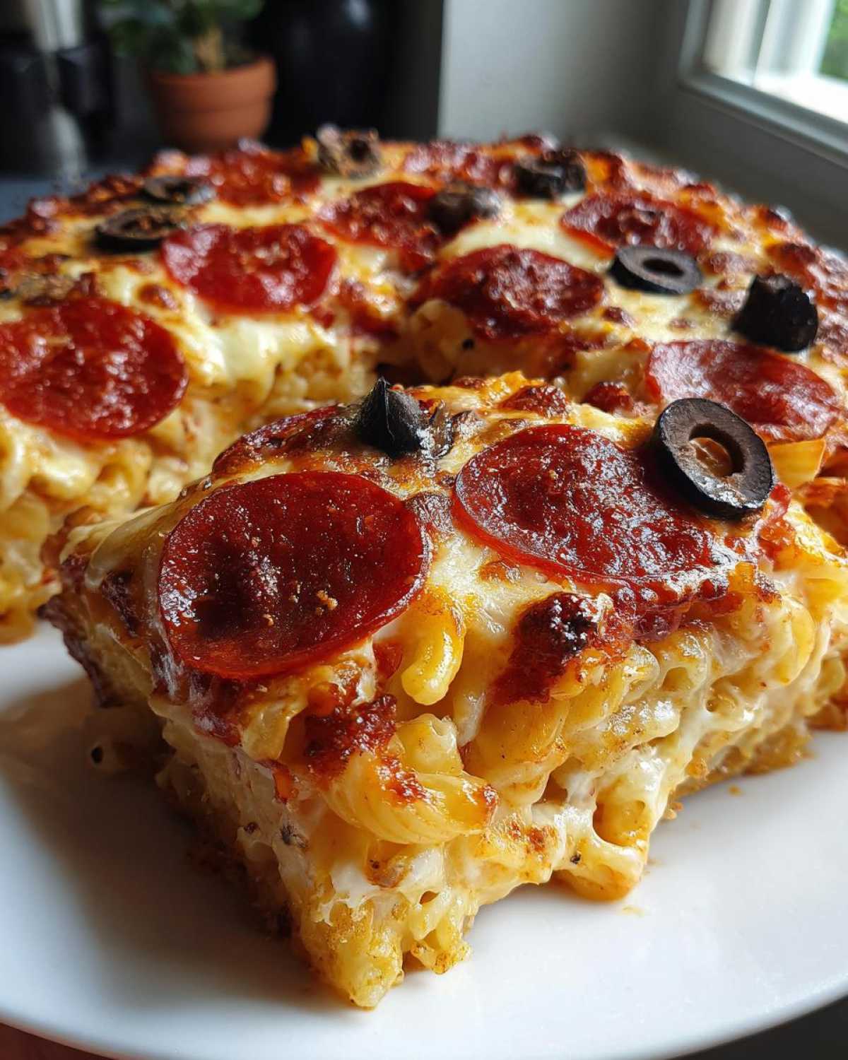 A close-up of a serving of pizza pasta casserole, showing macaroni topped with pepperoni and black olives.