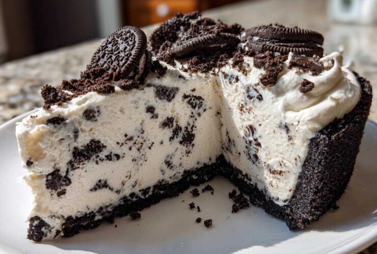 A generous slice of creamy Oreo pie with a dark chocolate crust, topped with whipped cream and whole Oreos.