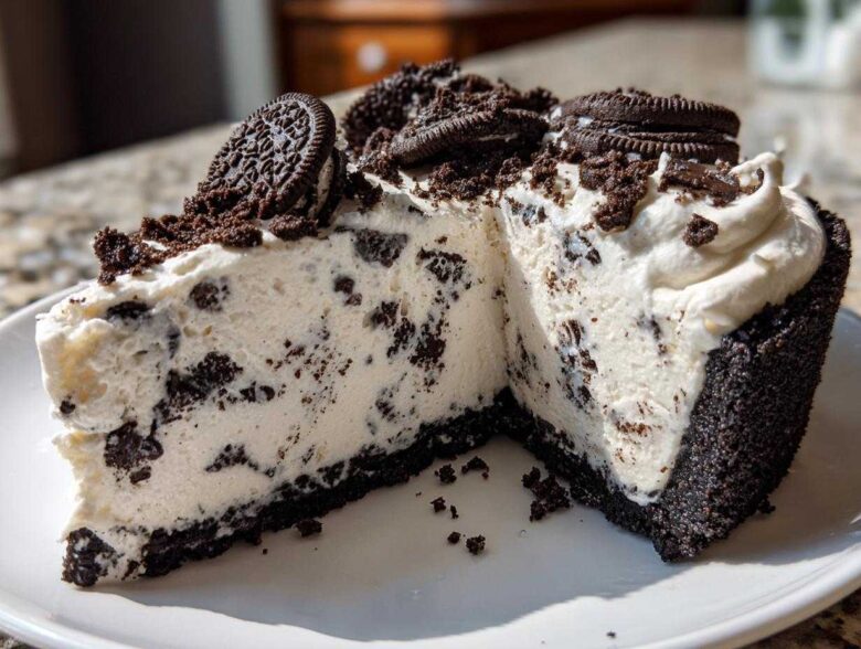 A generous slice of creamy Oreo pie with a dark chocolate crust, topped with whipped cream and whole Oreos.