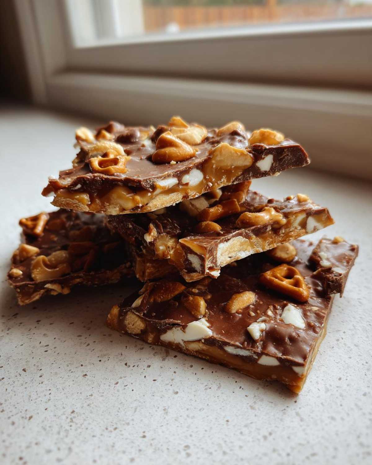A stack of broken pieces of homemade peanut butter pretzel bark topped with peanuts and pretzels.