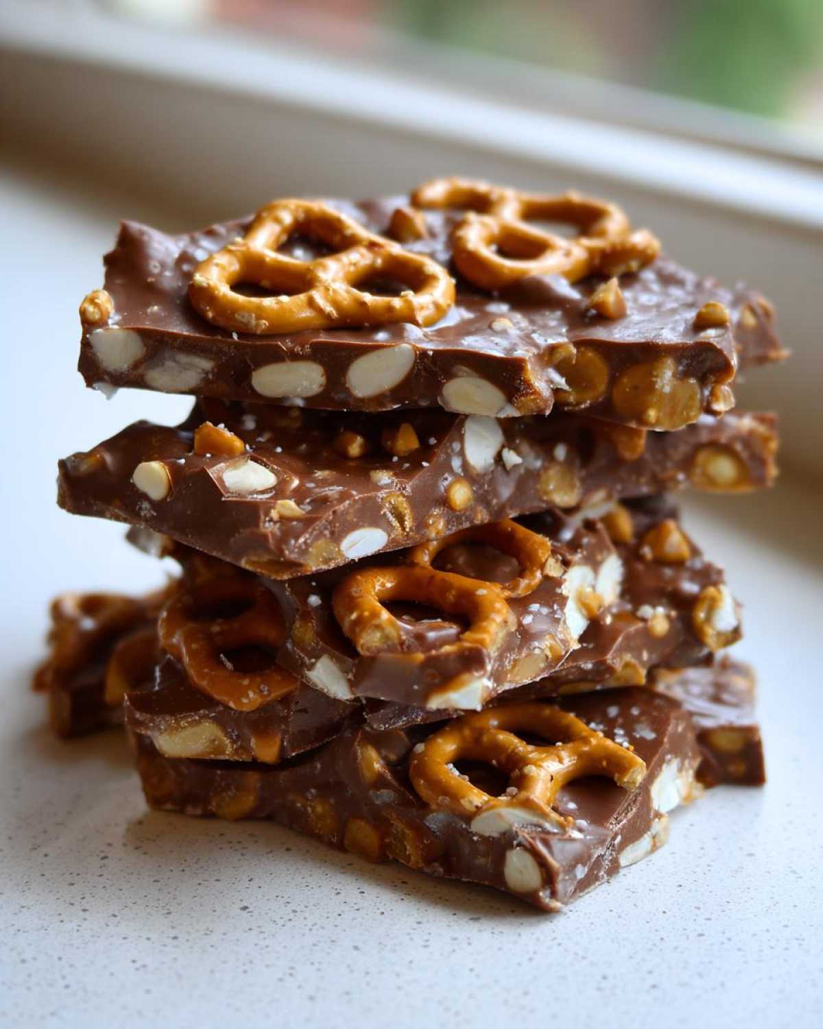 A stack of broken pieces of homemade peanut butter pretzel bark, topped with whole mini pretzels and sea salt.