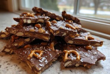 A pile of broken pieces of homemade peanut butter pretzel bark topped with sea salt.