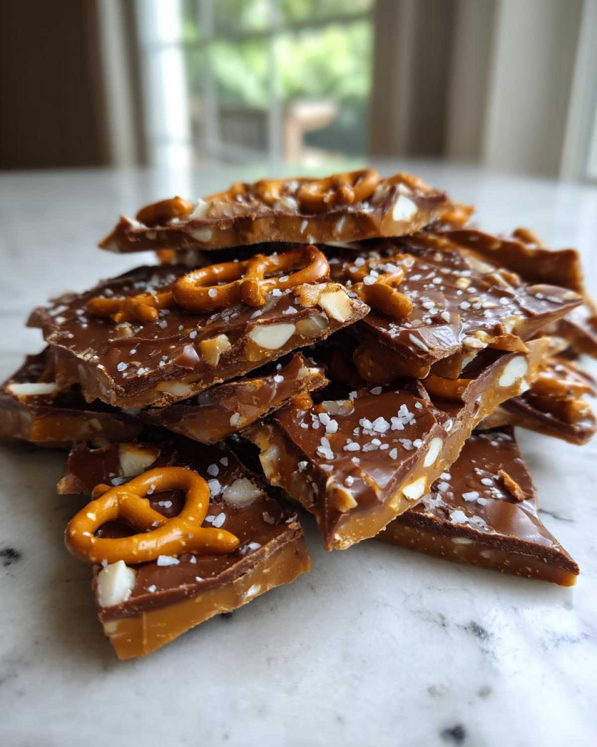 A stack of broken pieces of peanut butter pretzel bark topped with mini pretzels and sea salt.