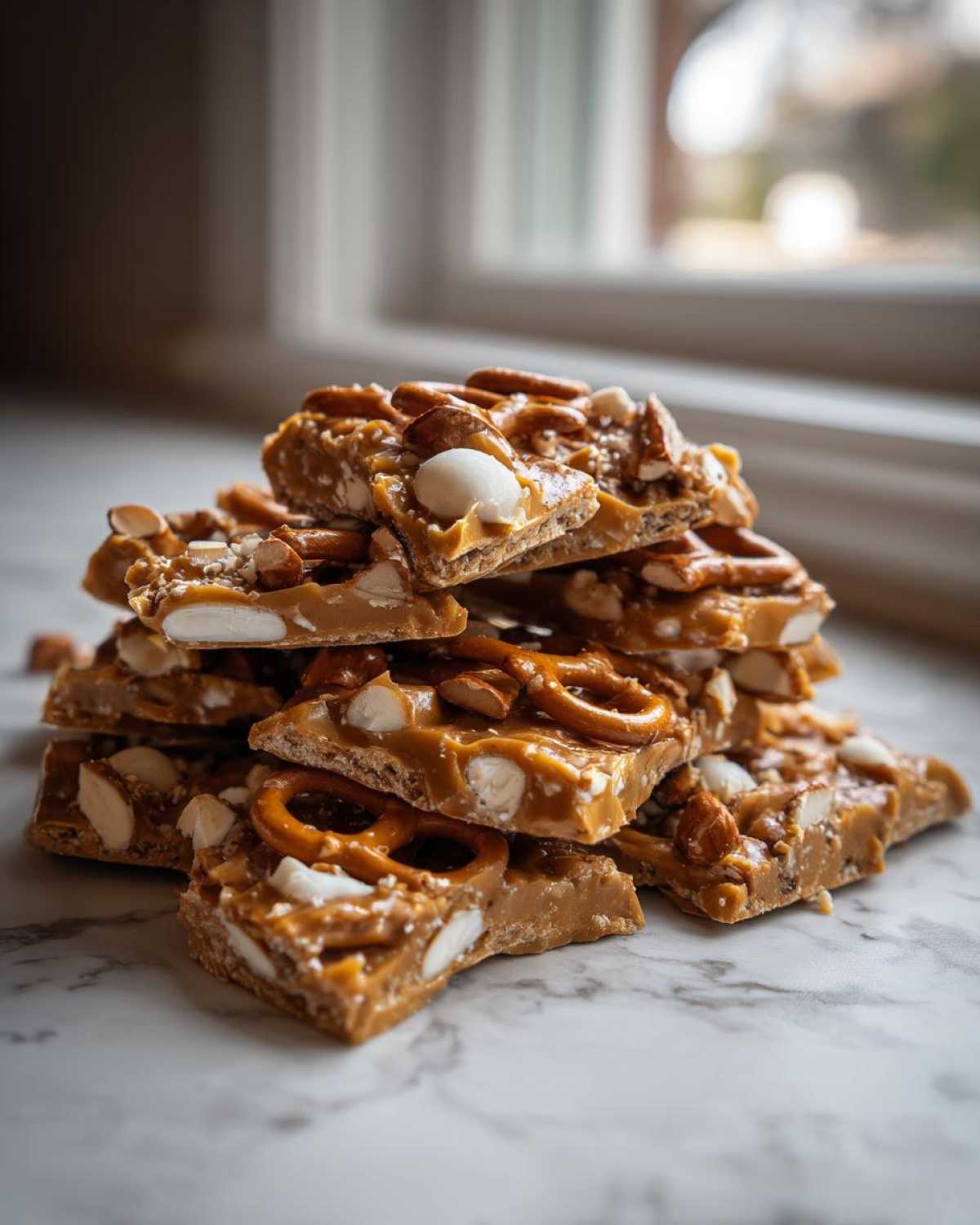 A stack of homemade peanut butter pretzel bark pieces loaded with pretzels, nuts, and white chocolate chips.