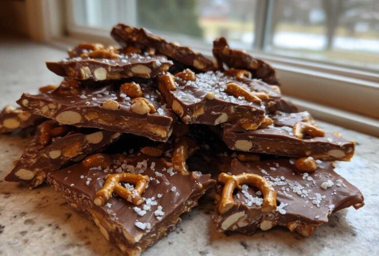 A pile of broken pieces of homemade peanut butter pretzel bark topped with sea salt.