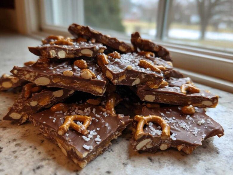 A pile of broken pieces of homemade peanut butter pretzel bark topped with sea salt.