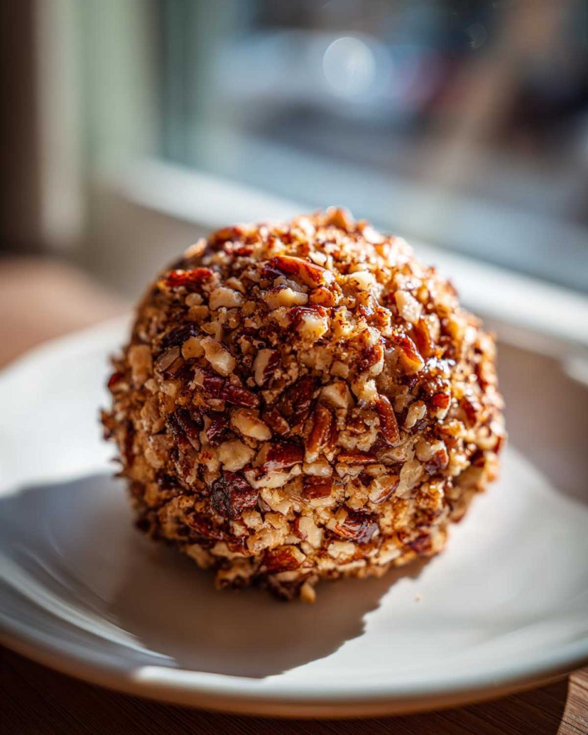 A close-up of a perfectly shaped cheese ball recipe coated entirely in chopped pecans, sitting on a white plate.