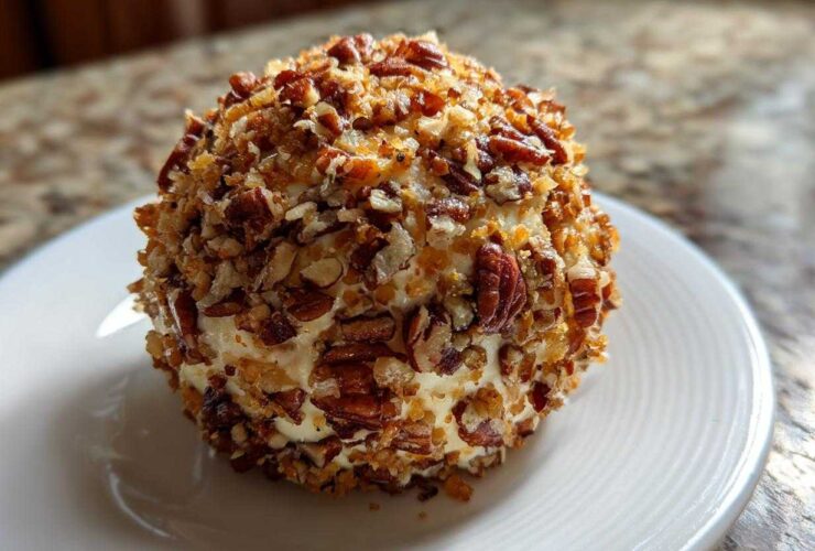 A delicious, round cheese ball recipe coated entirely in chopped pecans served on a white plate.