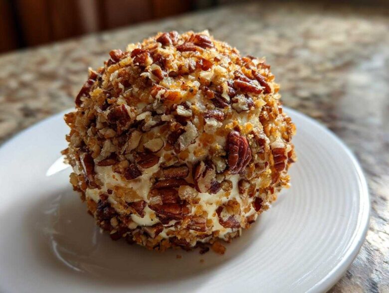A delicious, round cheese ball recipe coated entirely in chopped pecans served on a white plate.