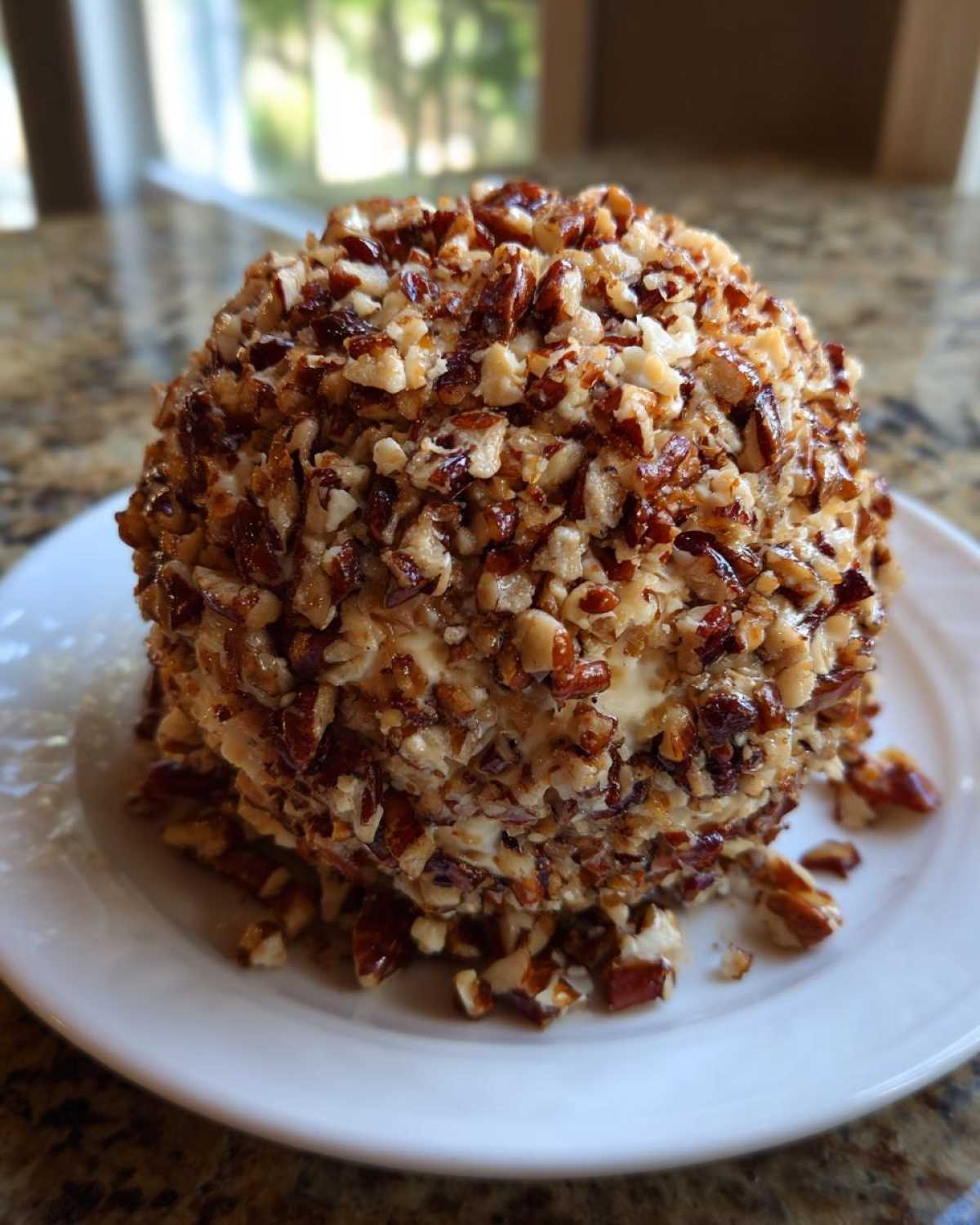 A perfectly shaped cheese ball recipe covered entirely in chopped, toasted pecans, sitting on a white plate.