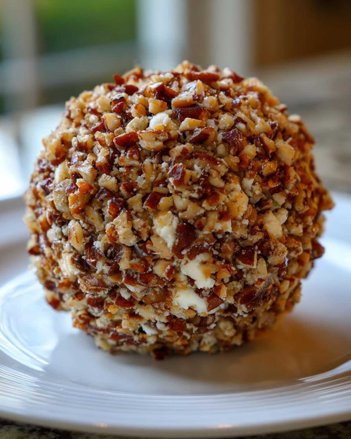 A perfectly formed cheese ball recipe coated entirely in chopped pecans, resting on a white plate.
