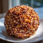 A perfectly formed cheese ball recipe coated entirely in chopped pecans, resting on a white plate.