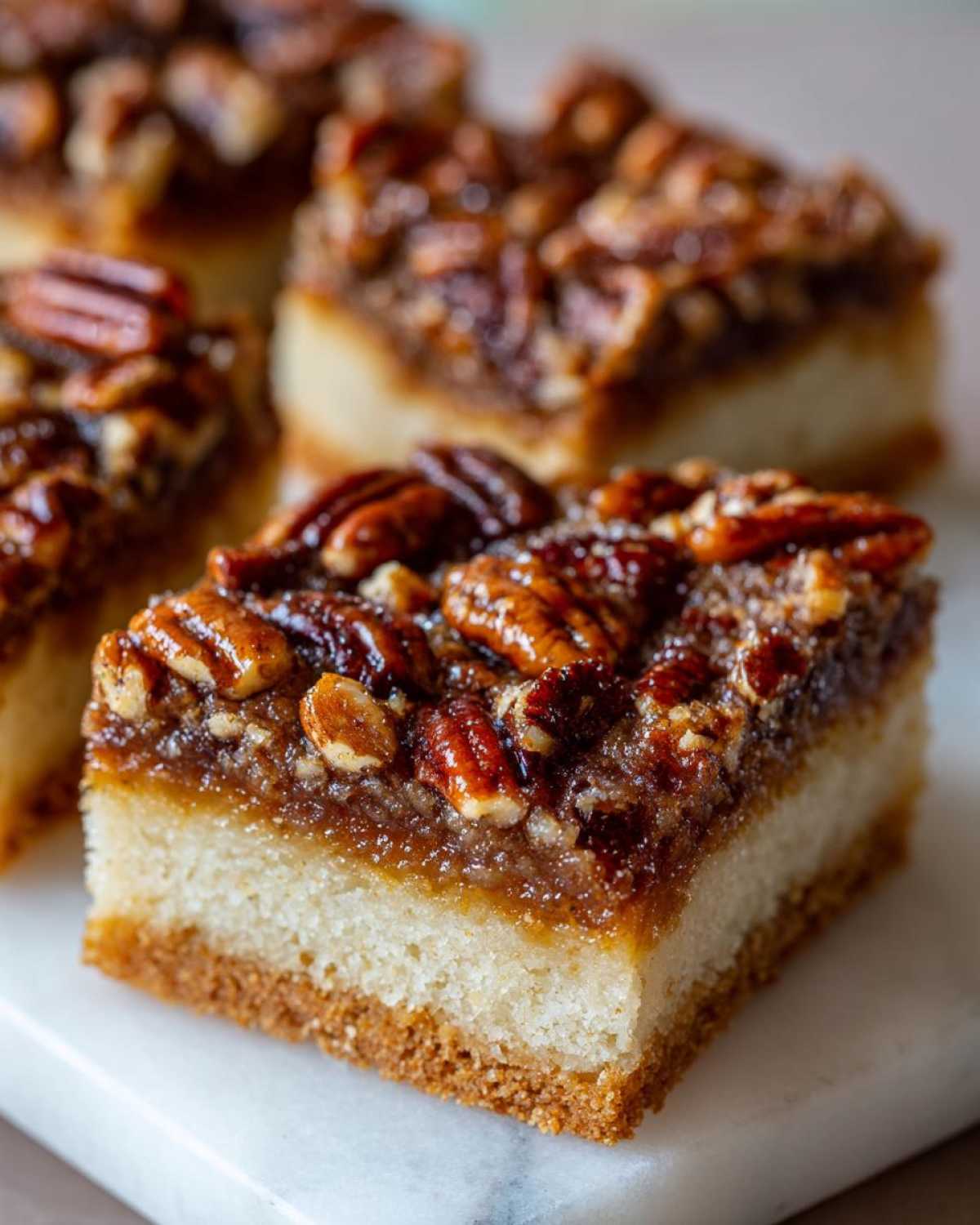 A close-up, cross-section view of a freshly cut pecan pie bars square showing the crust, filling, and pecan topping.
