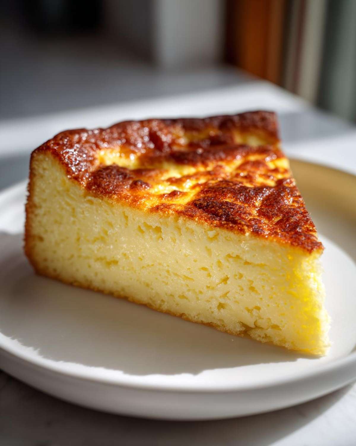 A thick slice of perfectly set, golden brown egg custard dessert on a white plate.