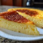 A slice of perfectly set egg custard with a beautifully browned top resting on a white plate.