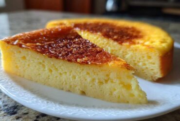 A slice of perfectly set egg custard with a beautifully browned top resting on a white plate.