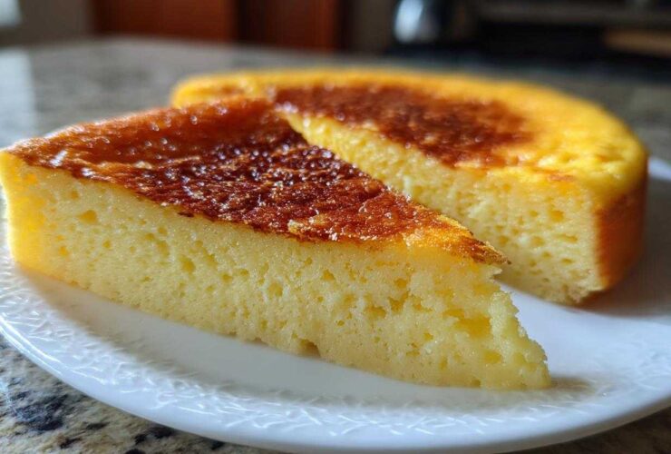 A slice of perfectly set egg custard with a beautifully browned top resting on a white plate.