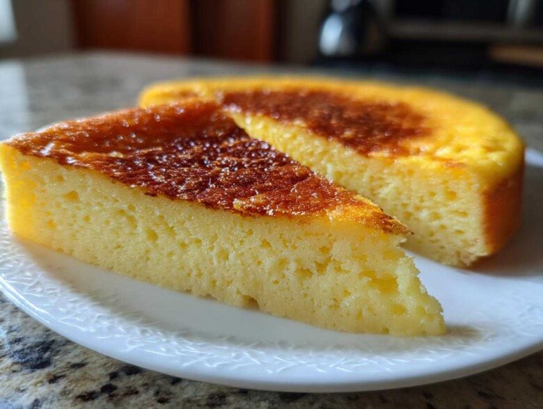 A slice of perfectly set egg custard with a beautifully browned top resting on a white plate.