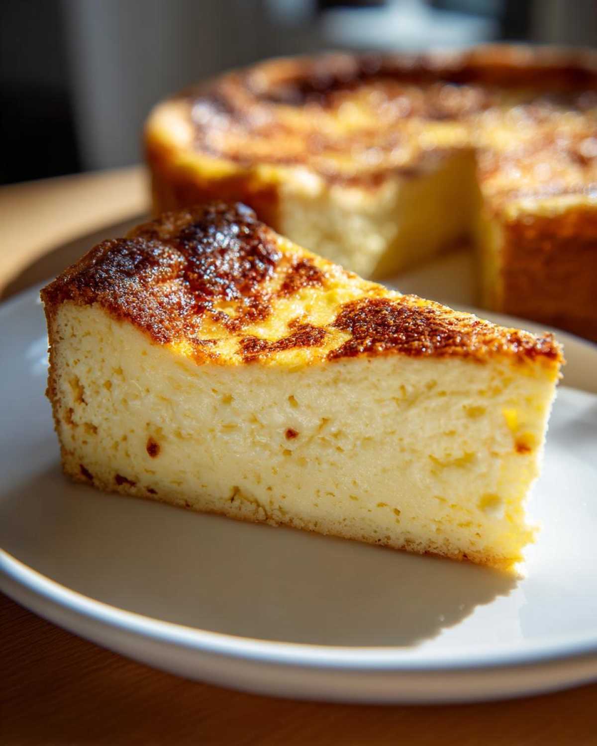 A thick slice of baked egg custard with a beautifully browned top, set perfectly on a white plate.
