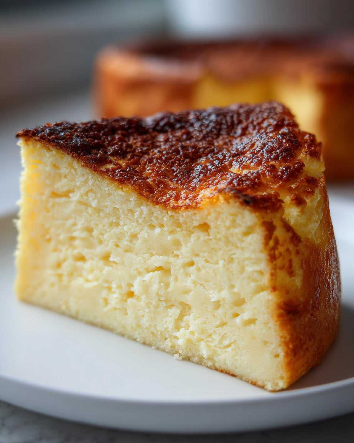 A close-up slice of perfectly set egg custard with a deeply browned, caramelized top.