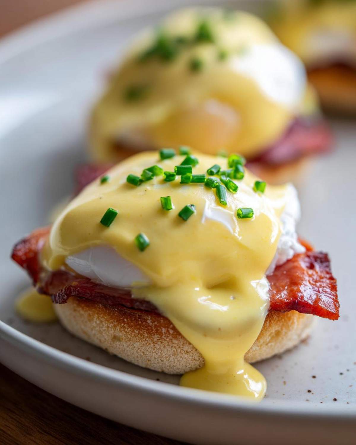 Close-up of delicious eggs benedict featuring a poached egg, crispy bacon, and thick hollandaise sauce topped with chives.