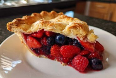A close-up of a perfect slice of berry pie showing strawberries, blueberries, and raspberries in a juicy filling.
