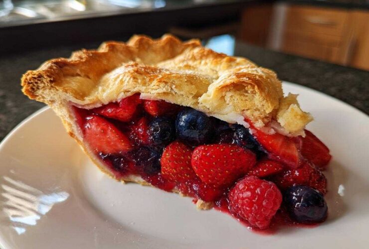 A close-up of a perfect slice of berry pie showing strawberries, blueberries, and raspberries in a juicy filling.