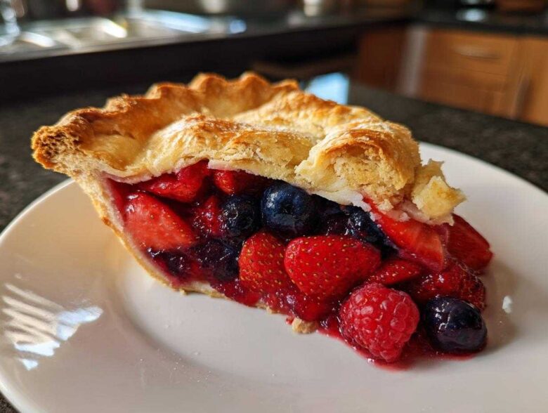 A close-up of a perfect slice of berry pie showing strawberries, blueberries, and raspberries in a juicy filling.