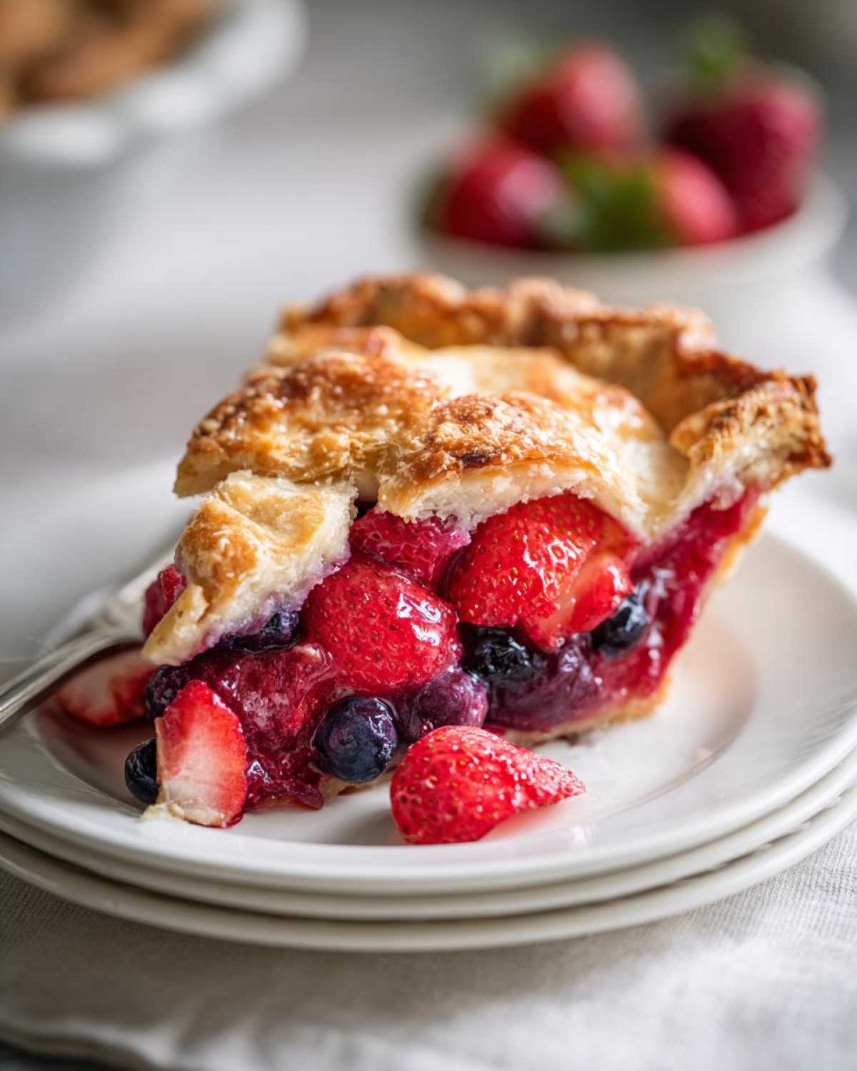 A close-up of a perfect slice of berry pie showing juicy strawberries and blueberries inside a flaky, golden crust.