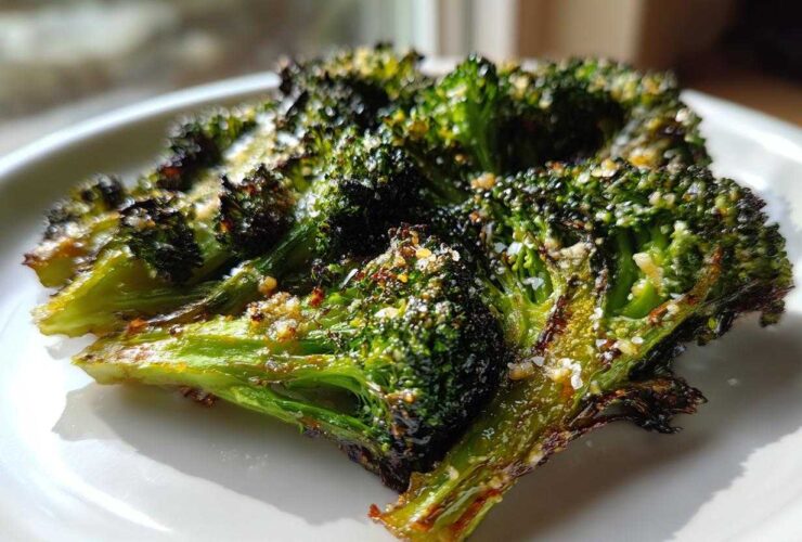 Close-up of perfectly crisp roasted broccoli florets seasoned with cheese and spices on a white plate.