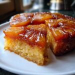 A close-up of a slice cut from a moist pineapple upside down cake, showing caramelized topping.